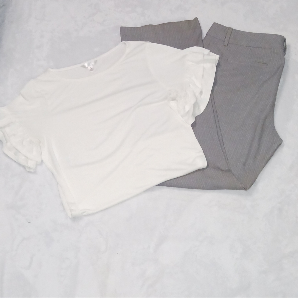 Gray and white pinstripe pants